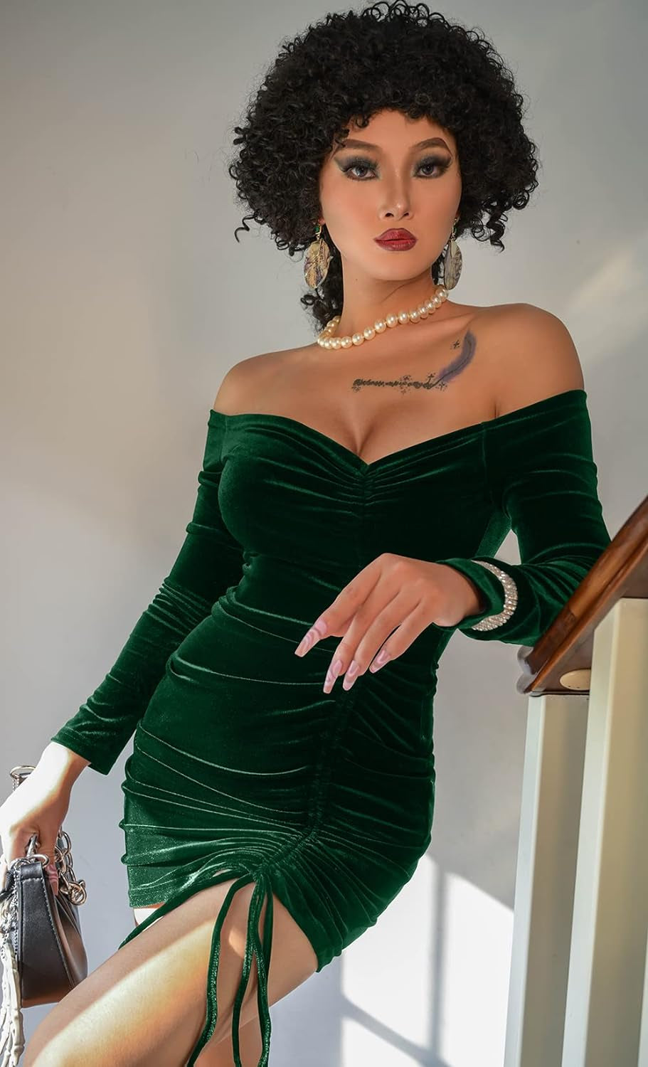 Womens Velvet Bodycon Ruched Sexy off Shoulder Bodycon Mini Club Dress Dark Green
