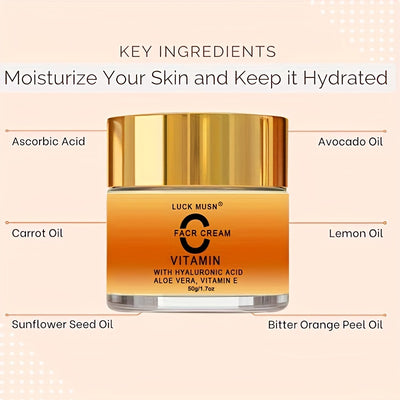 50ml/1.7oz, Vitamin C Face Cream, Hyaluronic Acid & Vitamin E Infused, Moisturizing Cream For Face And Eye Area, Nourishing Skin Care Product For Enhanced Radiance