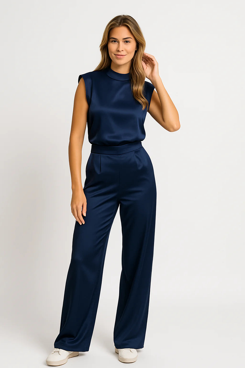 Catharina | Dames Jumpsuit – Luxe Satijnlook, Mouwloos, Wijde Pijpen, Open Rug