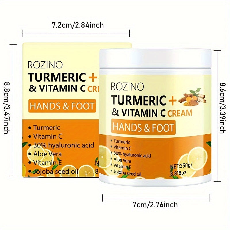ROZINO Turmeric & Vitamin C Hand & Foot Cream, 250g - Hypoallergenic Moisturizing Formula, Deep Hydration, Radiance Enhancing, Long-Lasting, Luxurious Skin Care
