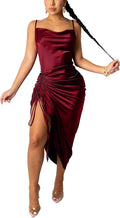 Women'S Summer Sexy Ruched Midi Adjustable Spaghetti Strap Bodycon Drawstring Side Slit Slip Party Clubwear Dress, A-Wine Red, X-Large