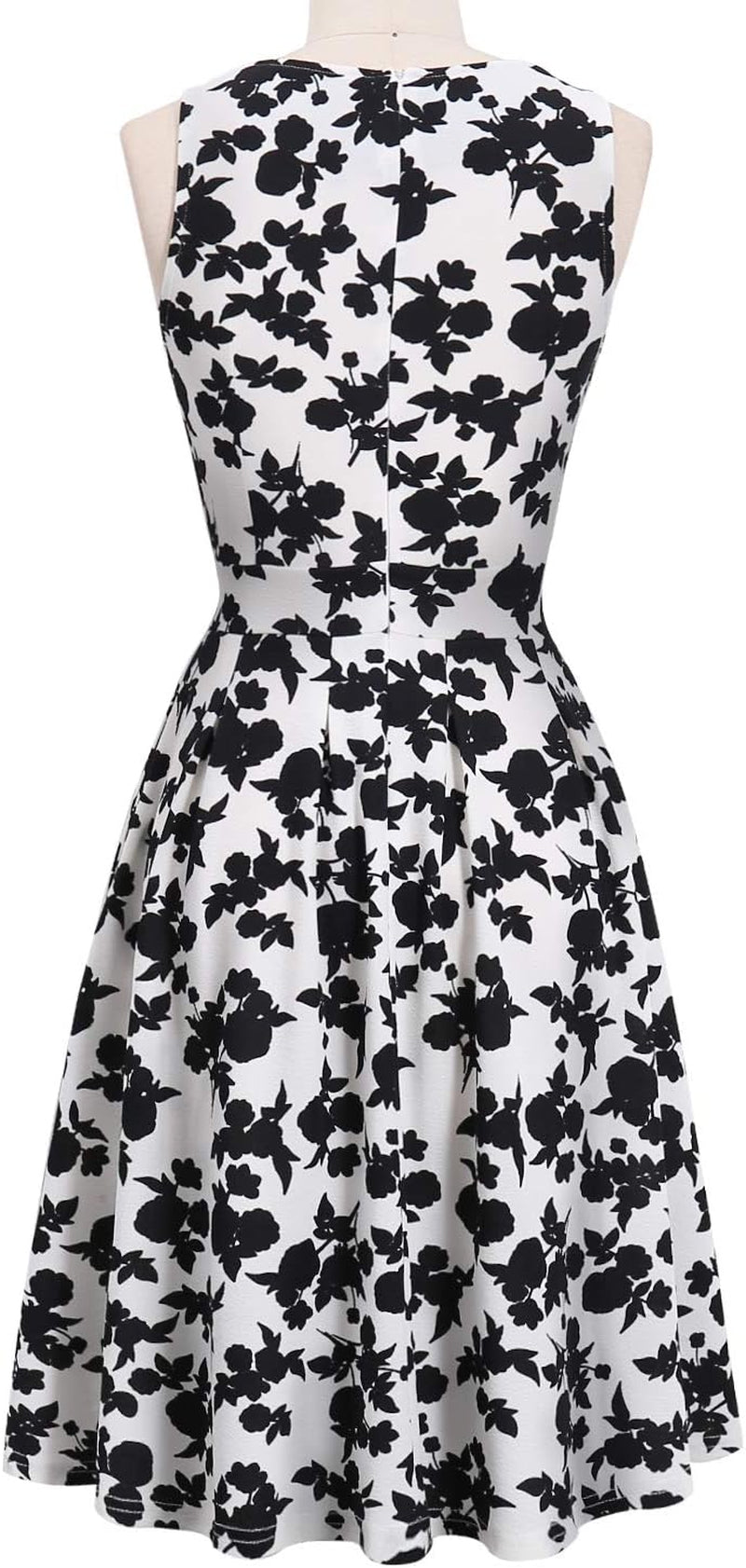 Summer Dresses for Women with Pockets Elegant Retro 50S Pleated V Keyhole Sleeveless Holiday Party Dance Wedding Guest Dress (S, Sp81-White Black Flo)