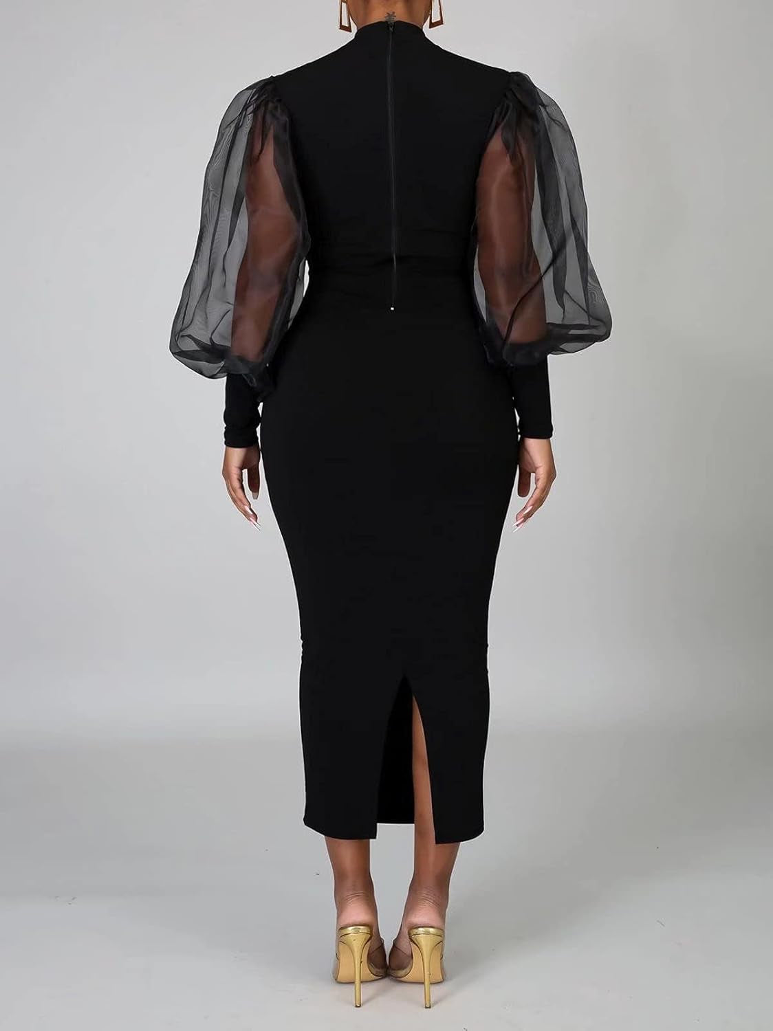 Women'S See through Bodycon Dress Sheer Mesh Long Puff Lantern Sleeve Dress Sexy Club Party Midi Dress Clubwear