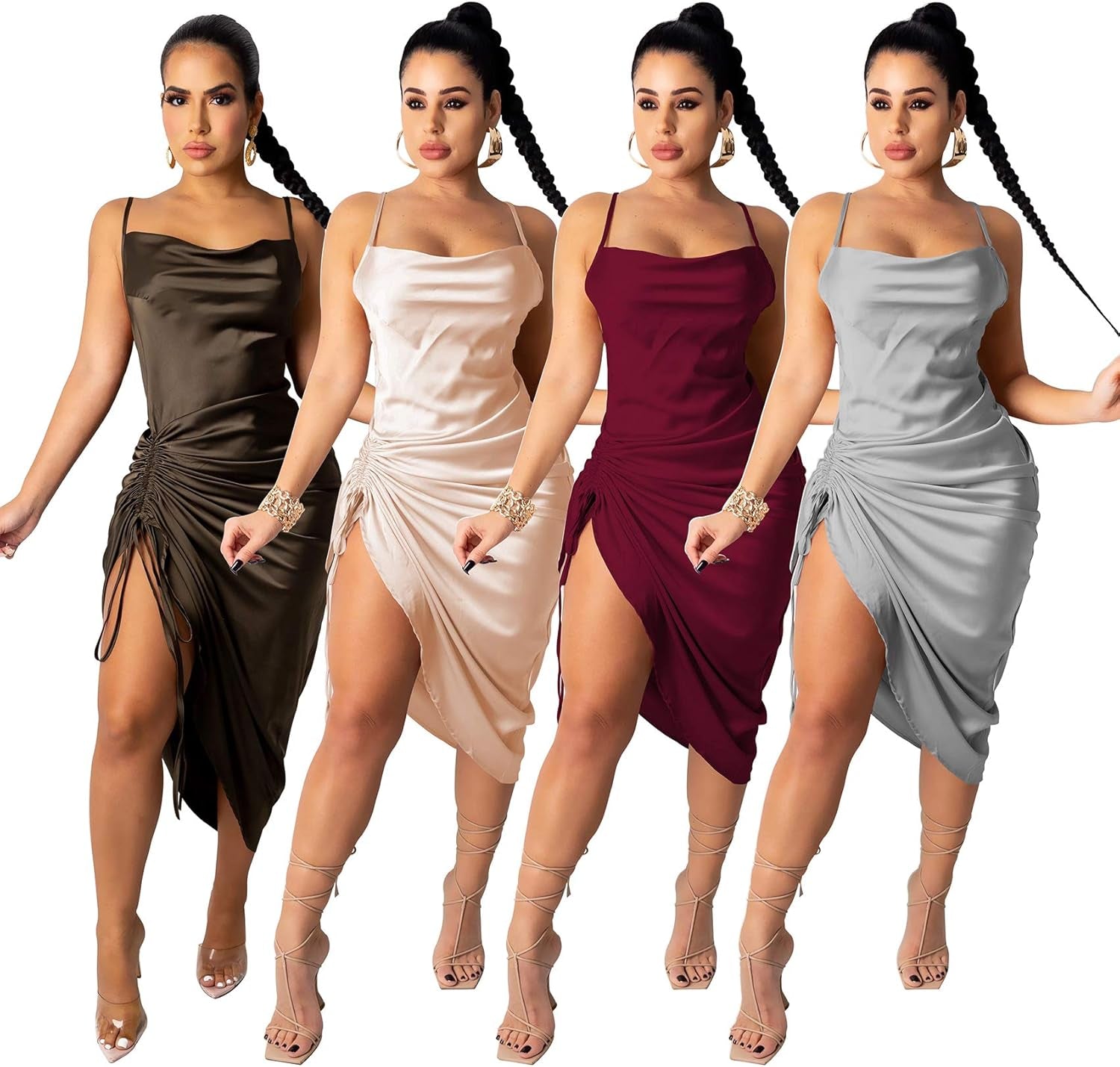 Women'S Summer Sexy Ruched Midi Adjustable Spaghetti Strap Bodycon Drawstring Side Slit Slip Party Clubwear Dress, A-Wine Red, X-Large