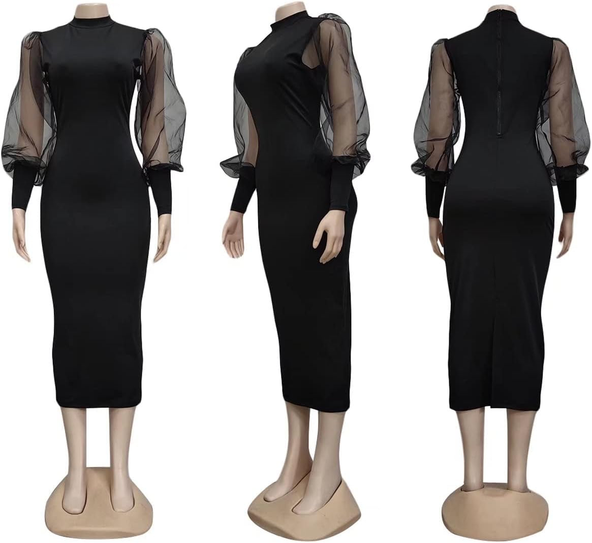 Women'S See through Bodycon Dress Sheer Mesh Long Puff Lantern Sleeve Dress Sexy Club Party Midi Dress Clubwear