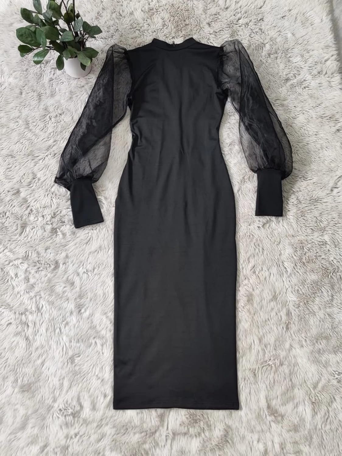 Women'S See through Bodycon Dress Sheer Mesh Long Puff Lantern Sleeve Dress Sexy Club Party Midi Dress Clubwear