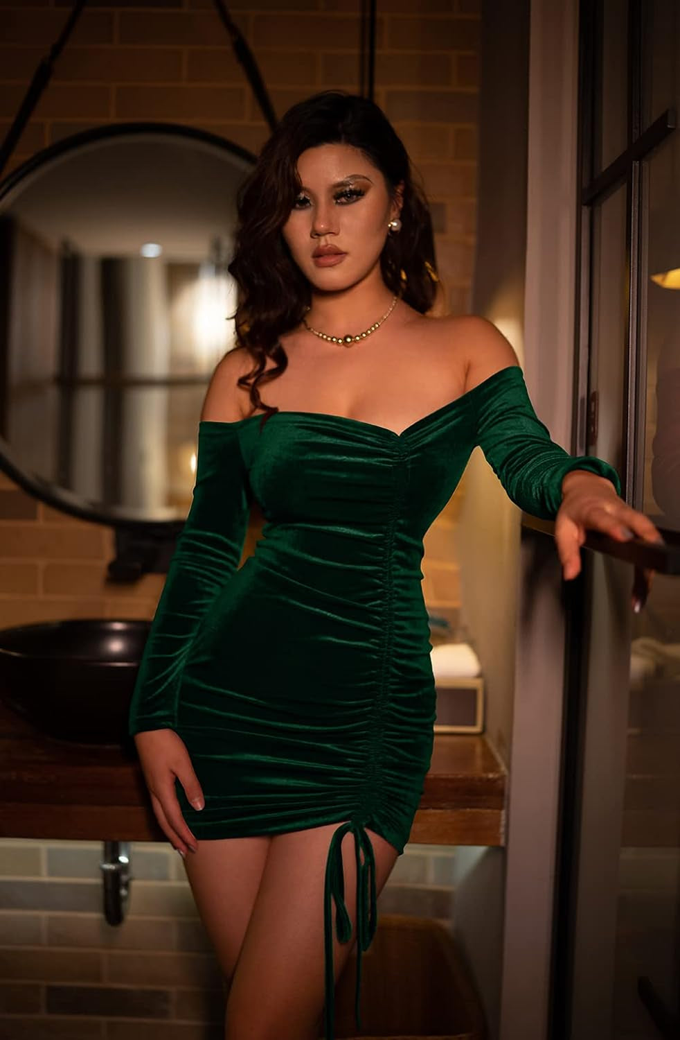 Womens Velvet Bodycon Ruched Sexy off Shoulder Bodycon Mini Club Dress Dark Green