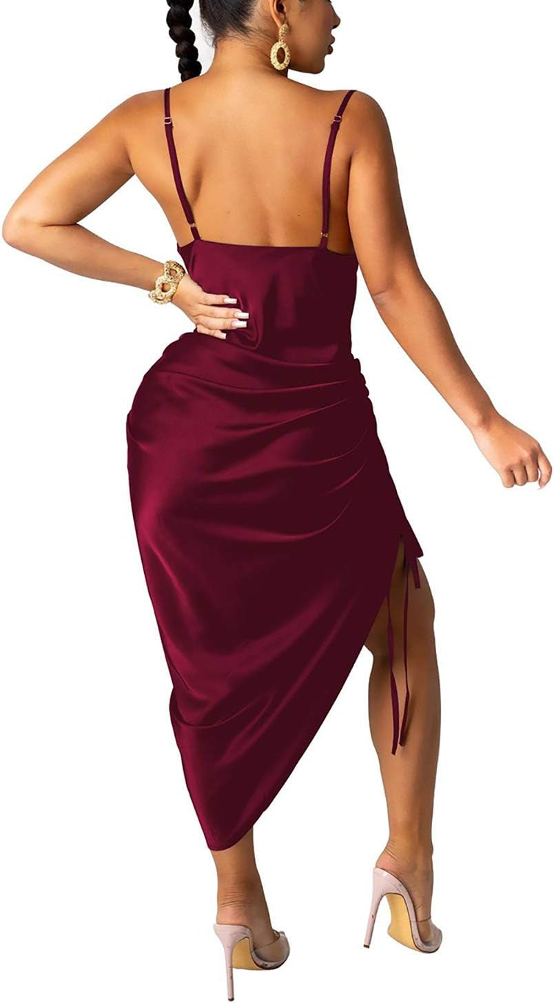 Women'S Summer Sexy Ruched Midi Adjustable Spaghetti Strap Bodycon Drawstring Side Slit Slip Party Clubwear Dress, A-Wine Red, X-Large