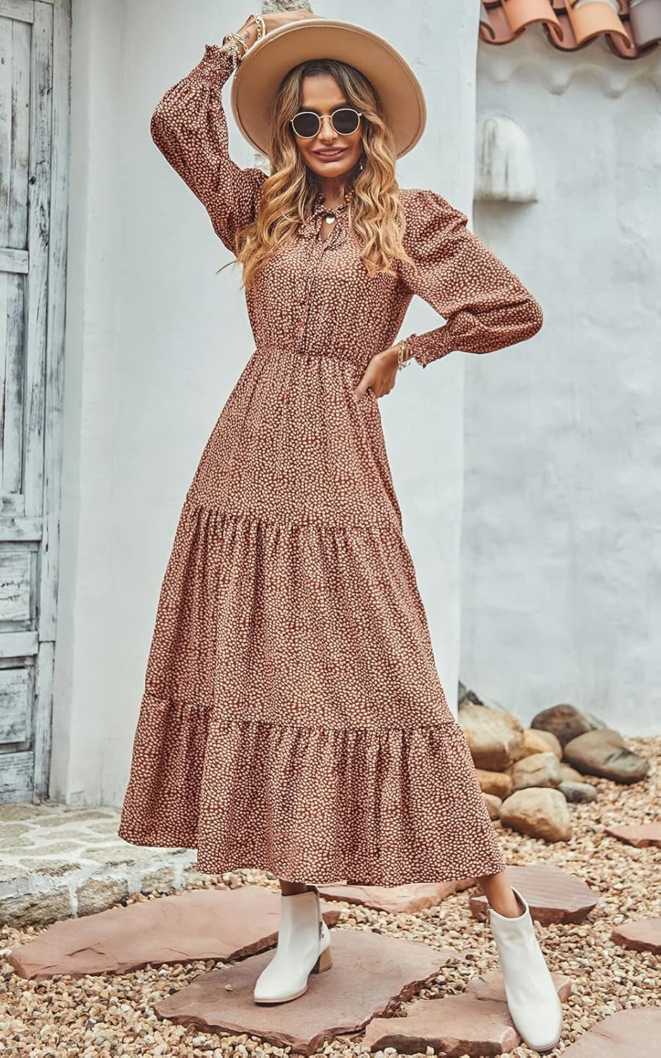 Women'S Fall Long Sleeve Dresses Empire Waist V Neck Boho Floral Print Tiered Ruffle Hem Maxi Dress