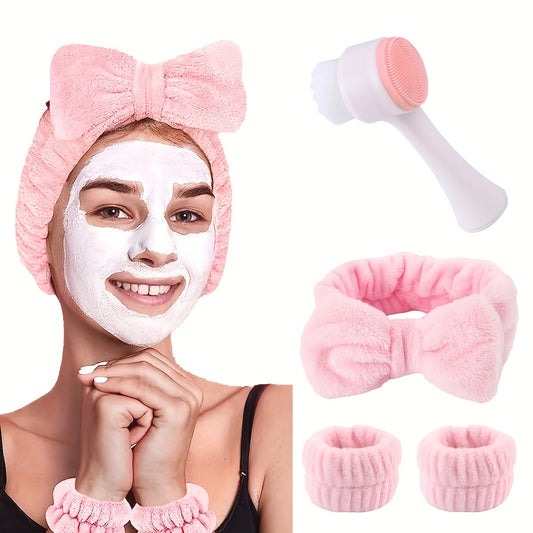 3D Double Silicone Facial Cleansing Brush Manual Massage Facial Brush Soft Bristles Exfoliator Double Sided Face Wash Brush & Wash Face Headbands For Women Coral Fleece Cuff, Makeup Products,skin Care,travel Accessories Clear