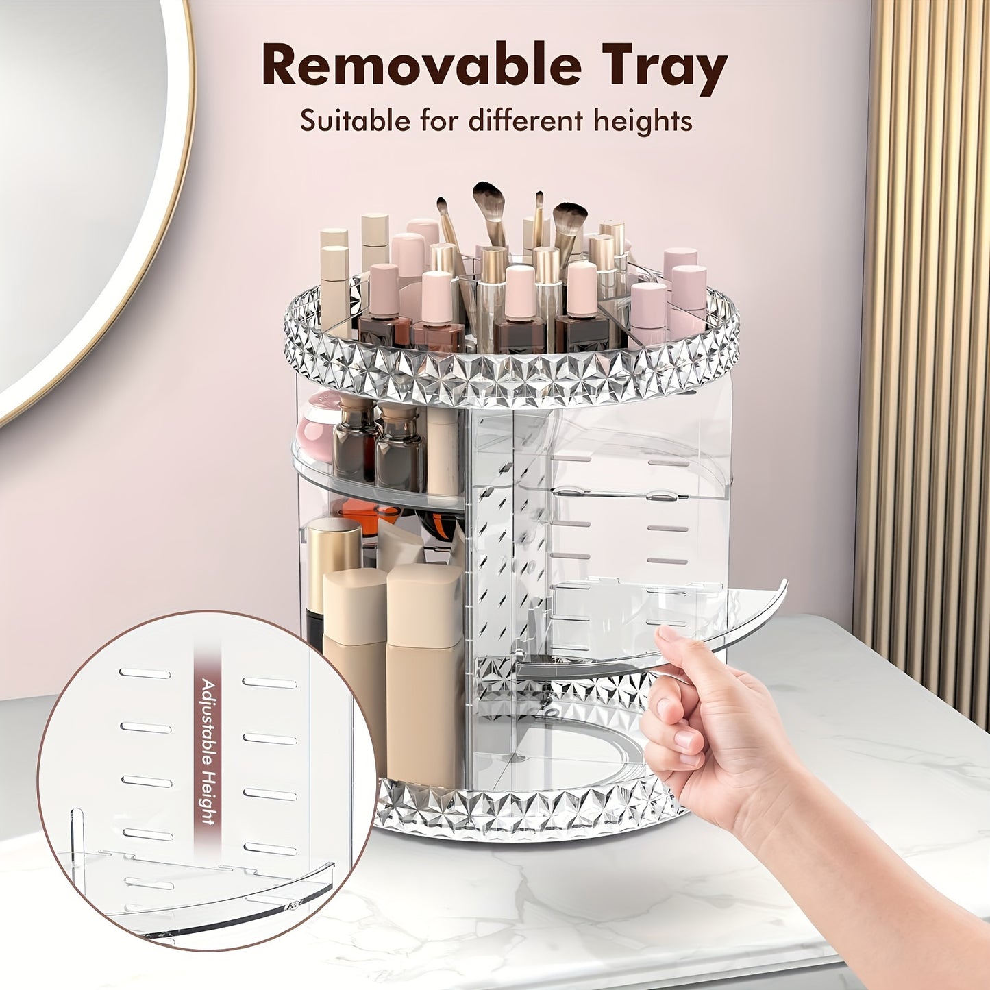 360 Degree Rotating Makeup Storage Box - Exuding Light Luxury Style and Sophistication with Circular Transparent Design, Spacious Desktop Dressing Table, Multi-Functional Lipstick and Skin Care Product Storage Shelf, Elegant