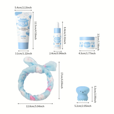 Milk Skincare Set - Hypoallergenic and Moisturizing | Facial Cleanser + Essence + Face Cream + Hair Band + Cleansing Brush
