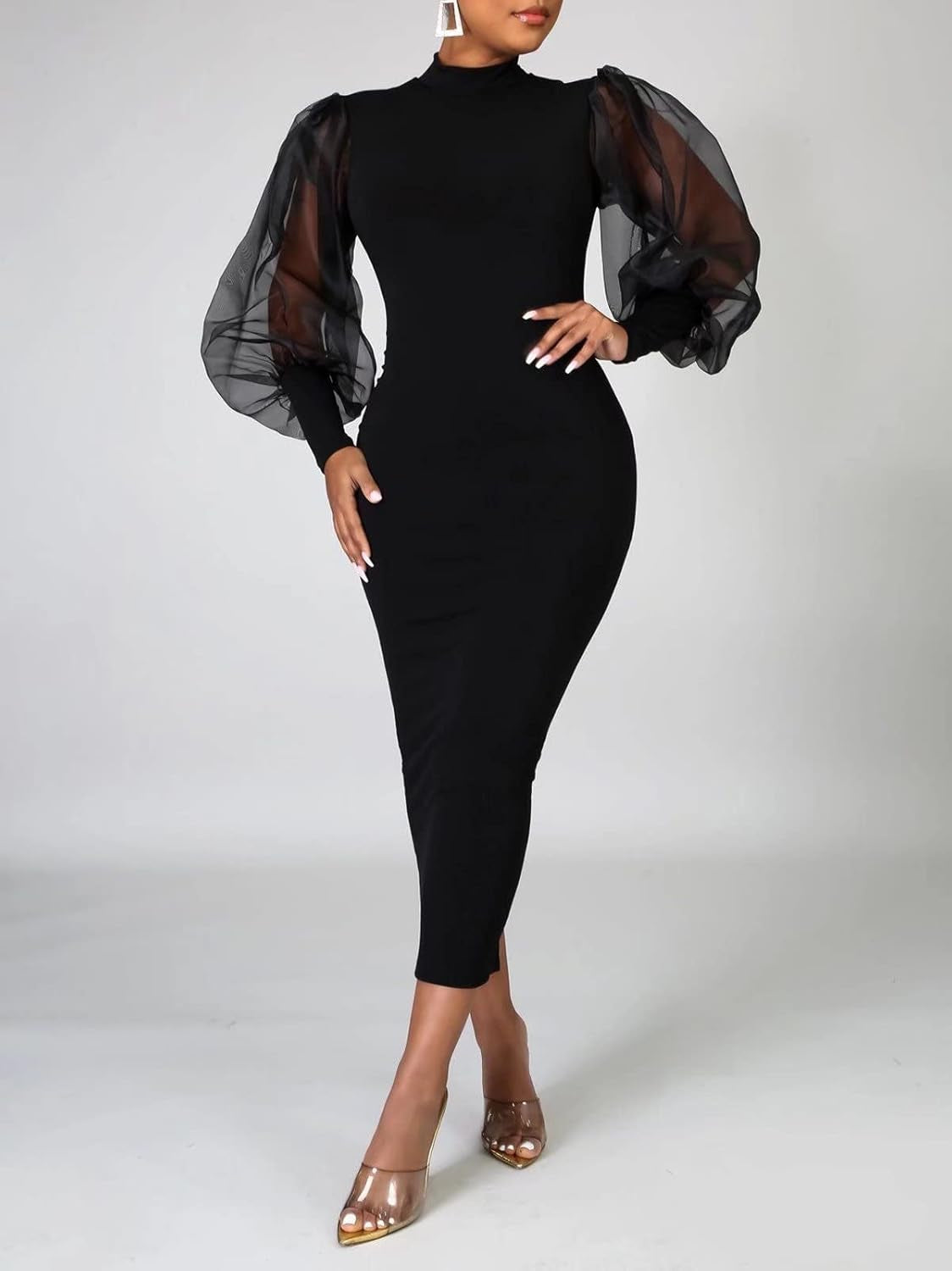 Women'S See through Bodycon Dress Sheer Mesh Long Puff Lantern Sleeve Dress Sexy Club Party Midi Dress Clubwear