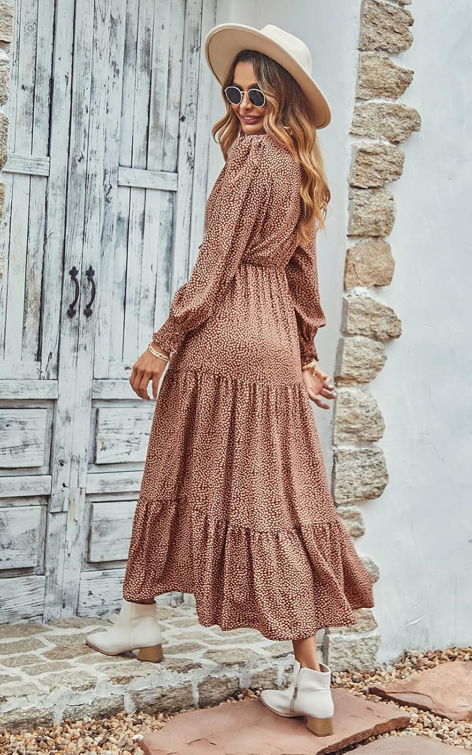 Women'S Fall Long Sleeve Dresses Empire Waist V Neck Boho Floral Print Tiered Ruffle Hem Maxi Dress