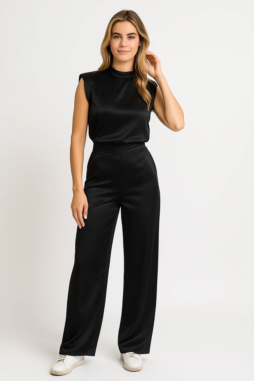 Catharina | Dames Jumpsuit – Luxe Satijnlook, Mouwloos, Wijde Pijpen, Open Rug