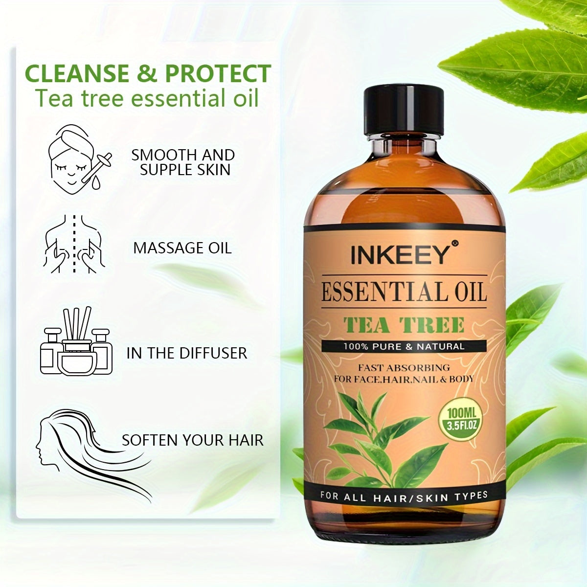 3.38oz Tea Tree Oil Essential Oil - for Nourishing Body Skin, Improving Dry Skin, Maintaining Softness and Enhancing Skin Texture, Daily and Night Skin Care, Smoothing, Firming Skin, for Face, Hands, Feet, Body, Moist Healthy
