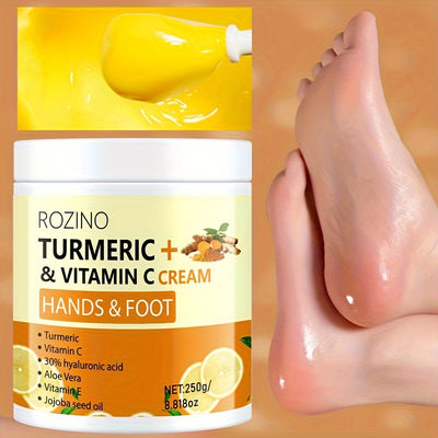 ROZINO Turmeric & Vitamin C Hand & Foot Cream, 250g - Hypoallergenic Moisturizing Formula, Deep Hydration, Radiance Enhancing, Long-Lasting, Luxurious Skin Care