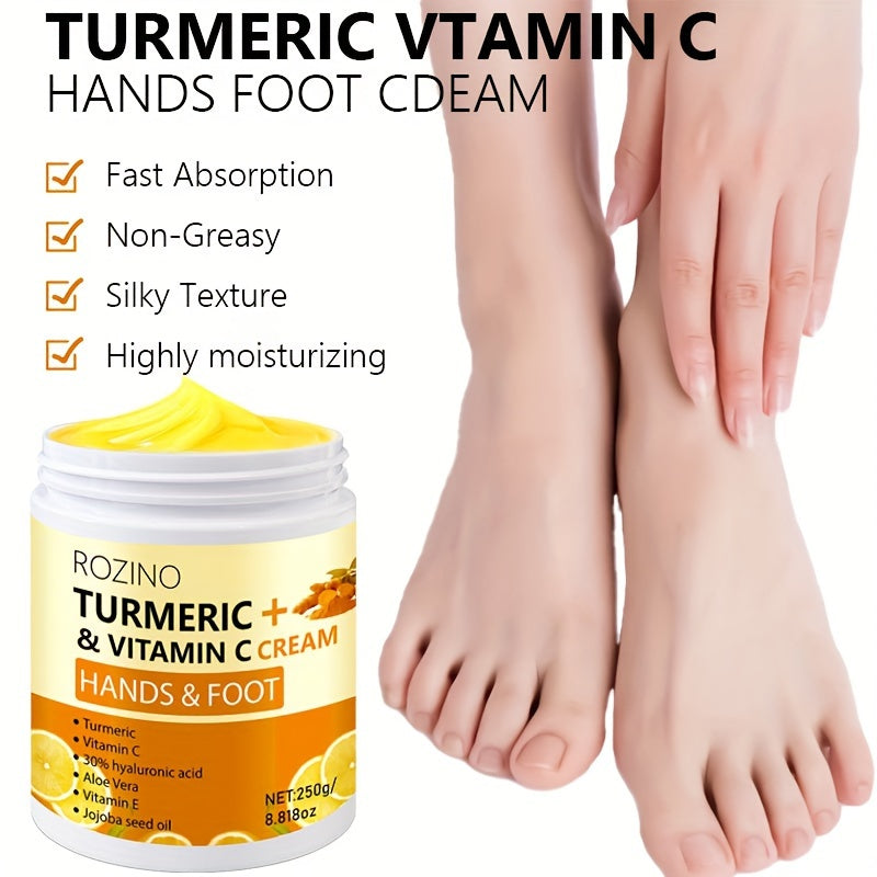 ROZINO Turmeric & Vitamin C Hand & Foot Cream, 250g - Hypoallergenic Moisturizing Formula, Deep Hydration, Radiance Enhancing, Long-Lasting, Luxurious Skin Care