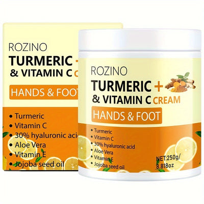 ROZINO Turmeric & Vitamin C Hand & Foot Cream, 250g - Hypoallergenic Moisturizing Formula, Deep Hydration, Radiance Enhancing, Long-Lasting, Luxurious Skin Care