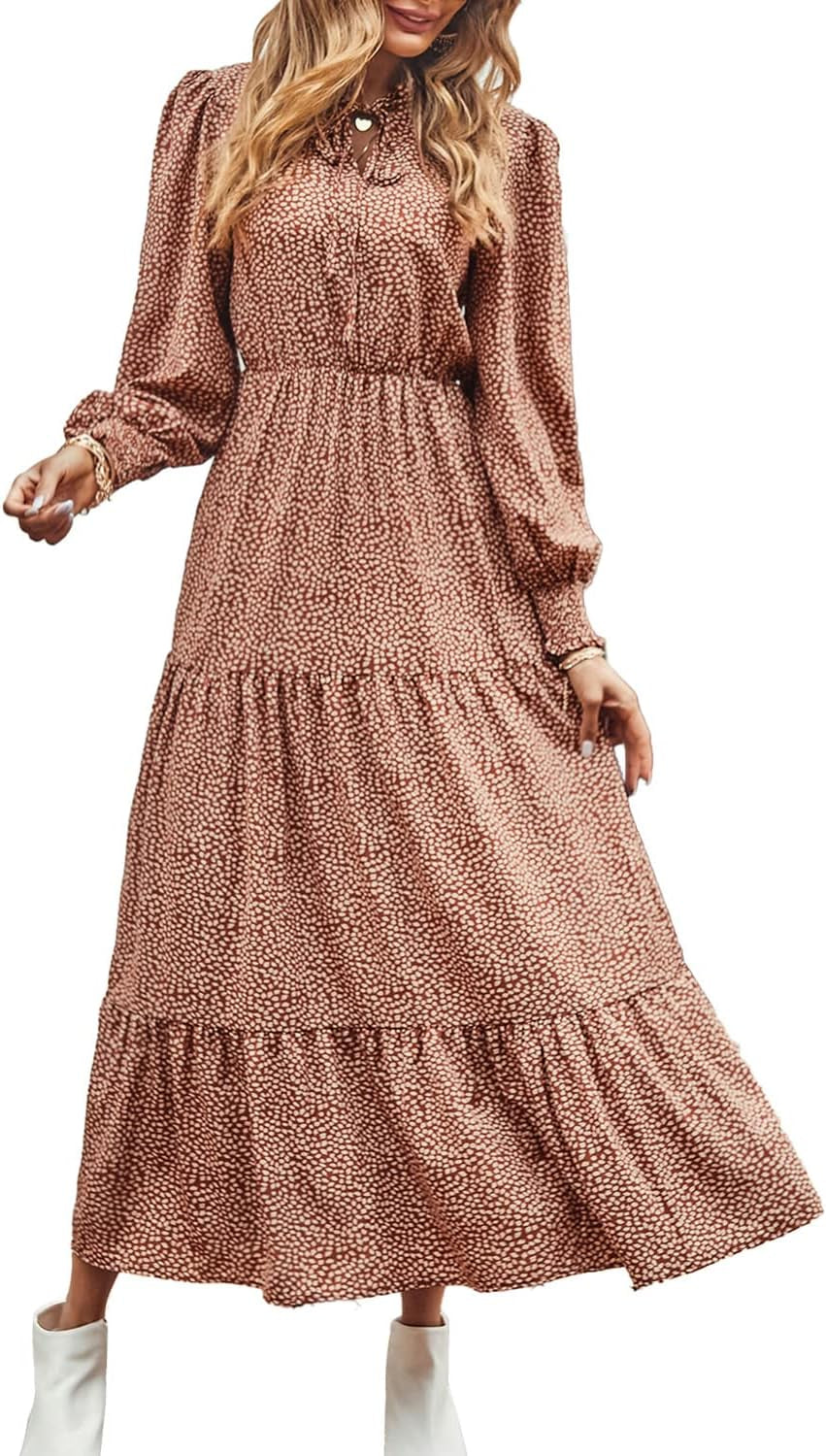 Women'S Fall Long Sleeve Dresses Empire Waist V Neck Boho Floral Print Tiered Ruffle Hem Maxi Dress