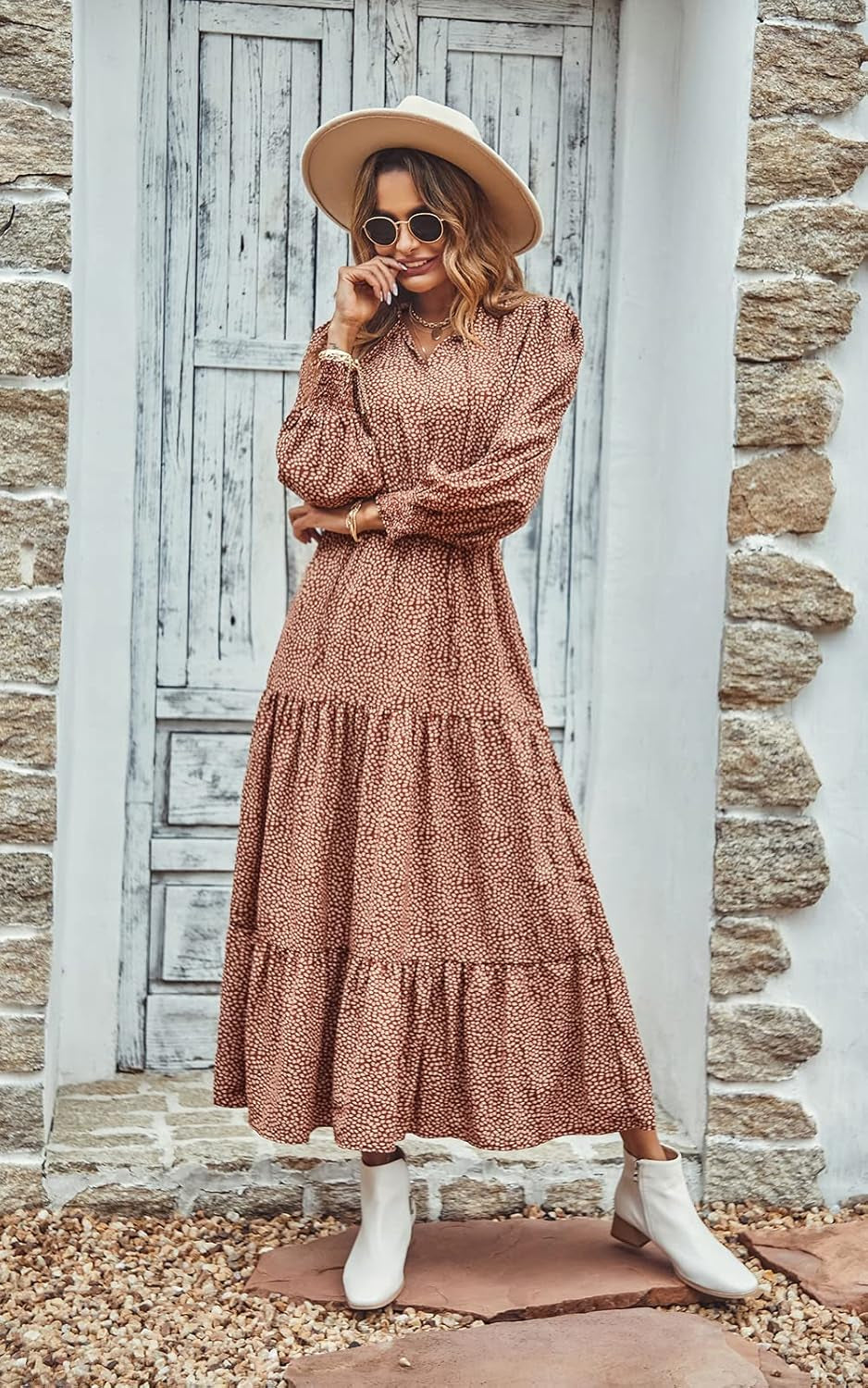 Women'S Fall Long Sleeve Dresses Empire Waist V Neck Boho Floral Print Tiered Ruffle Hem Maxi Dress